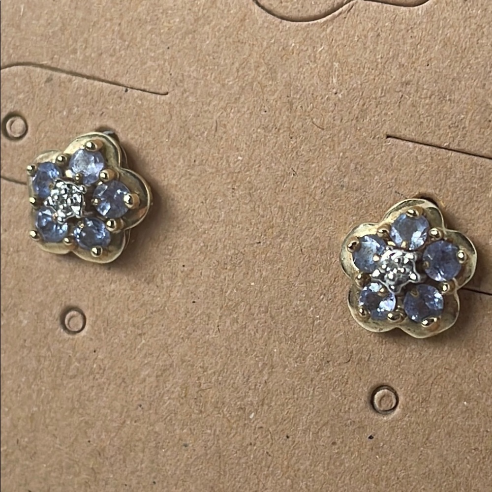 Gold and Silver Flower Stud Earrings Tanzanite and Diamond